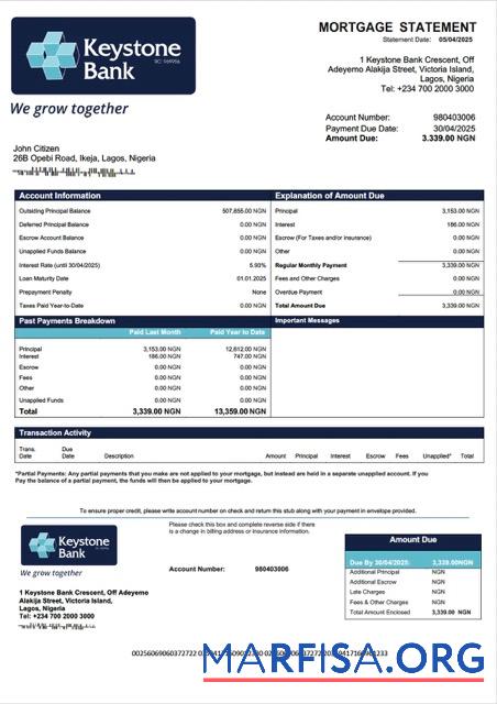 Blank Nigeria Keystone Bank mortgage statement Word and PDF template